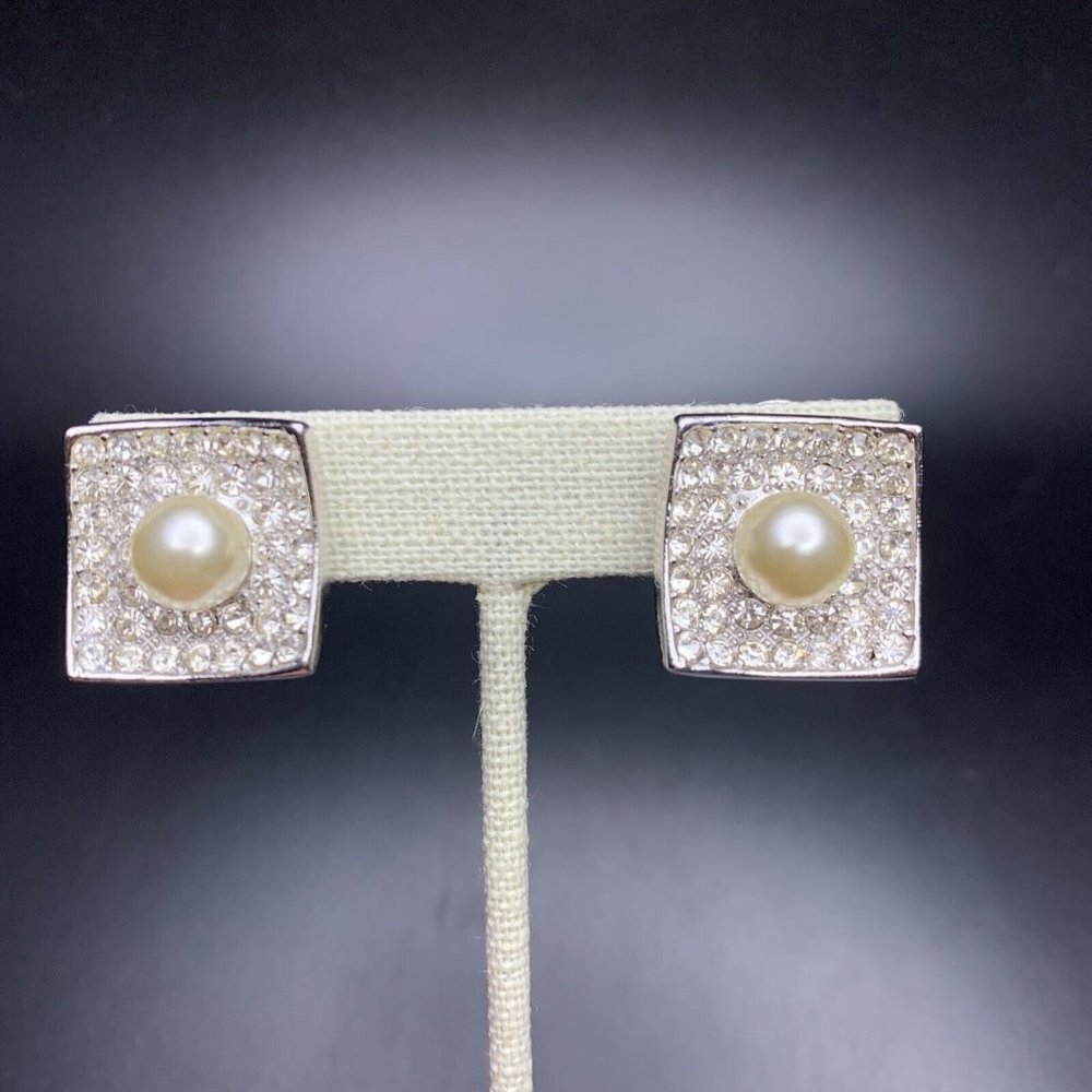 Silver Tone Pave Rhinestone Faux Pearl Clip On Earrings Concave Square Vintage